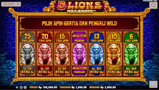 Tampilan Fitur Freespin Pilihan 5 Lions Megaways